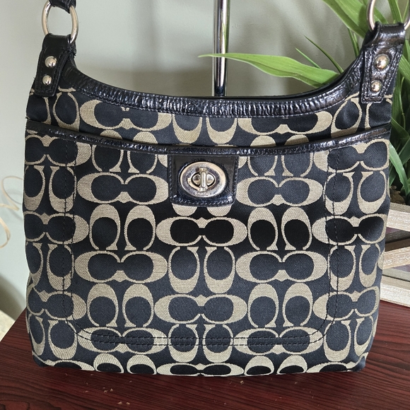 Coach Penelope Signature Sateen Hippie Crossbody Bag Black/Tan - Picture 2 of 11